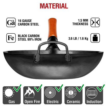 YOSUKATA Carbon Steel Wok Pan  34 cm Woks and Stir Fry Pans - Chinese Wok with Flat Bottom Pow Wok - Traditional Chinese Japanese Woks - Black Steel