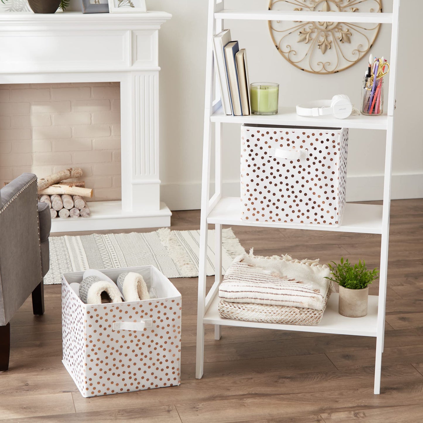 DII Non Woven Polyester Storage Bin, Polka Dot, White & Copper, Large Set of 2