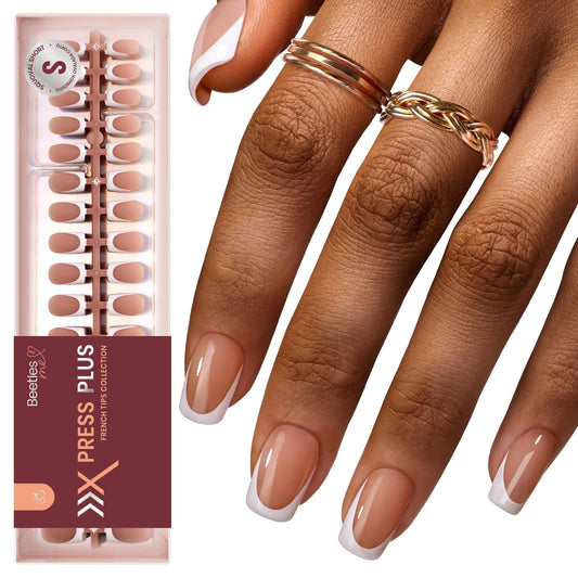Beetles French Tip Press on Nails Short Square Brown Color, 224pcs 16 Sizes Press on nails White French 4 in 1 Gel Nail Tips, DIY Nail Art Salon