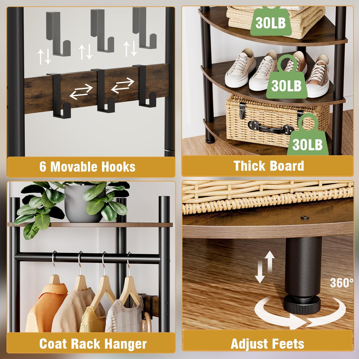 VEDECASA Corner Hall Tree Coat Rack with 4-Tier Shelves & Shoe Bench – Freestanding Corner Entryway Storage with 6 Movable Hooks