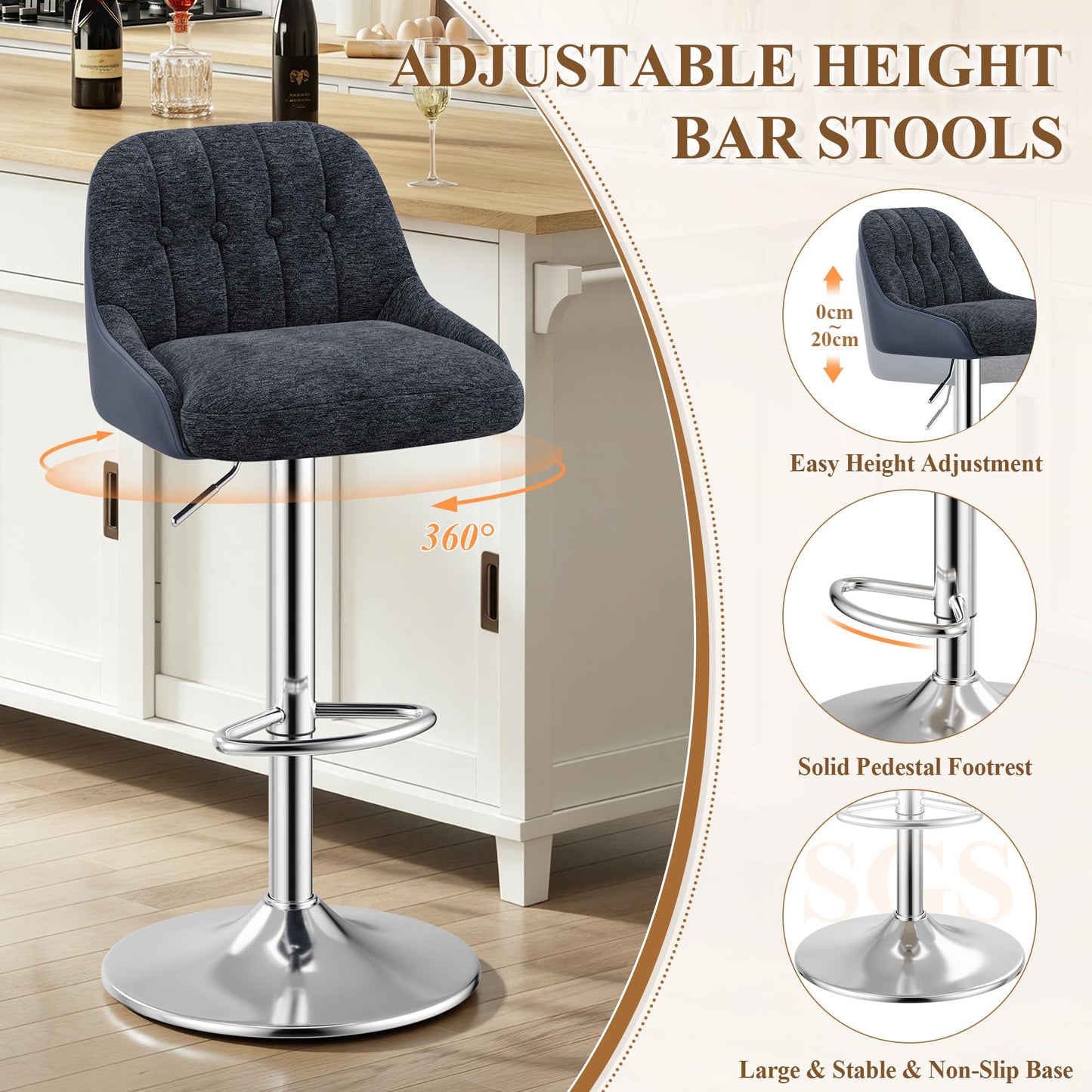 MALOL Adjustable Bar Stools Set of 6, Swivel Counter Stools with Backrest, Chenille & Faux Leather Upholstered Bar Chairs