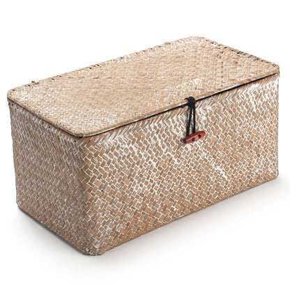 Seagrass Storage Baskets with Lid Natural Rattan Woven Rectangular Organizer Box Whitewash Medium 30cmx18cmx15cm H