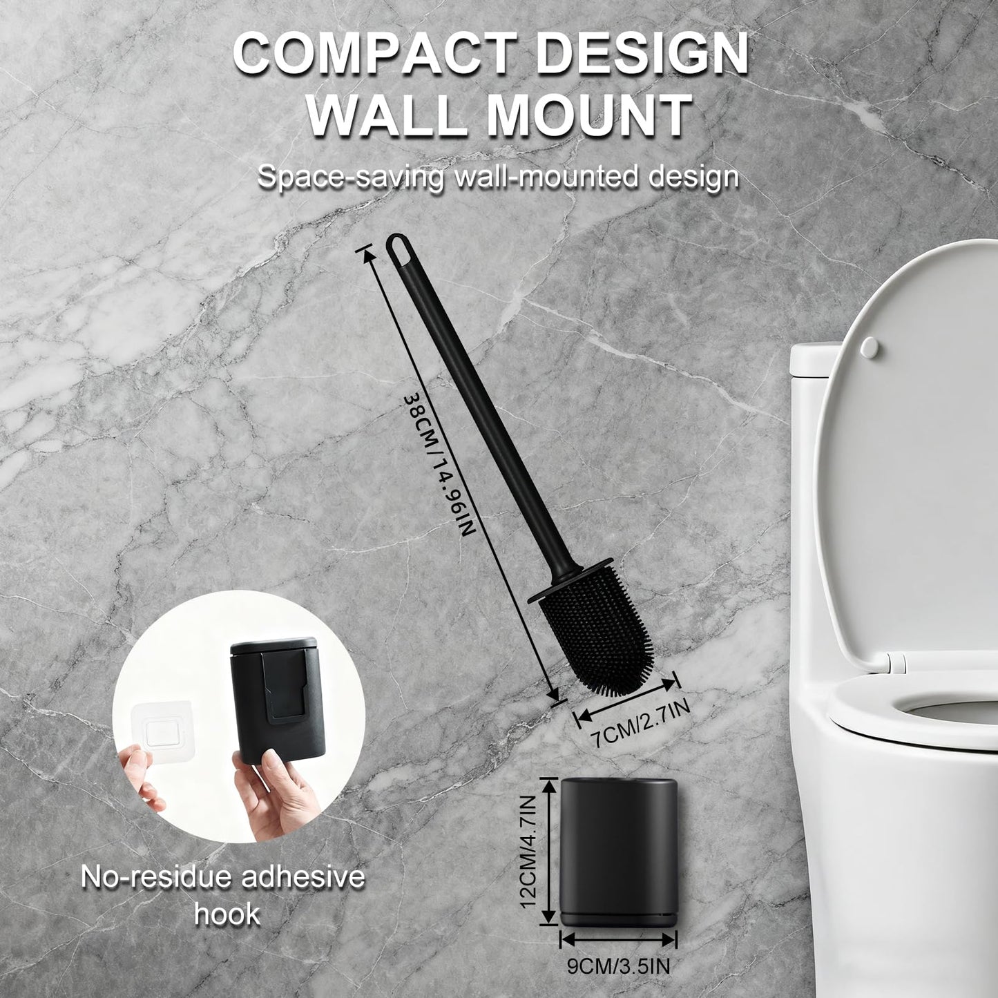 Silicone Toilet Brush Wall Mount Flat Flexible Head Bathroom Set