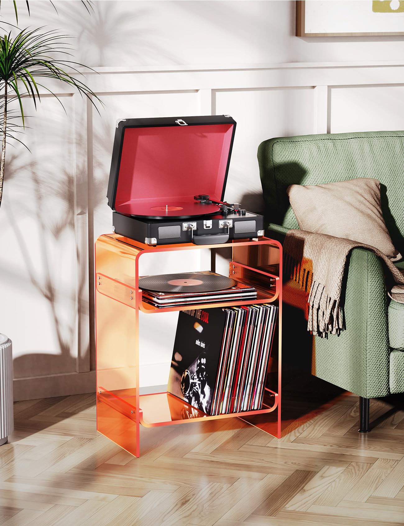 Dewrhiixe Acrylic Record Player Table with Storage Shelf, Clear Side Table, Nightstand (Orange, 45×30×58 cm, Acrylic)