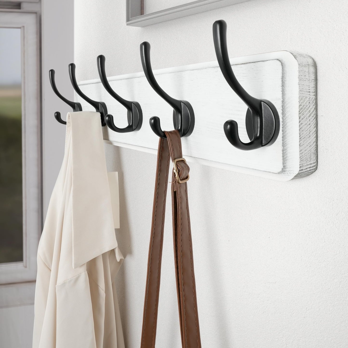 SKOLOO Farmhouse Style Wall Mounted Coat Rack, Pine Solid Wood Coat Hook Hanger - 5 Hooks for Hanging Clothes Robes Towels Coats