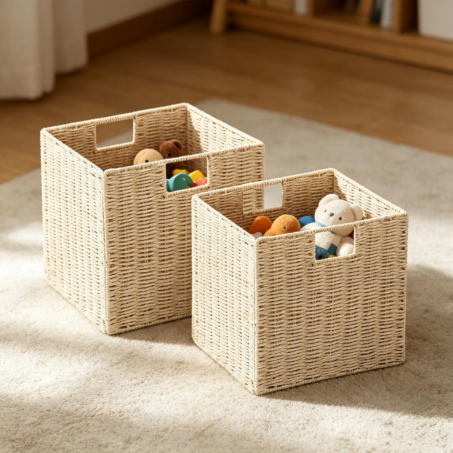 Vagusicc Wicker Storage Basket, Set of 2 Handwoven Wicker Basket, Foldable Storage Baskets Organizer Cube Bins with Handles for Shelves Bathroom