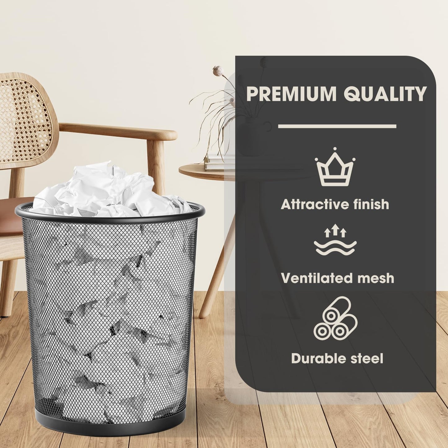 Evadow 3 Pack Mesh Waste Paper Bin 12 Litres, Metal Wire Waste Basket Lightweight Circular Trash Bin for Home Office Garbage Can Bin