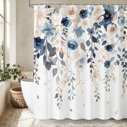 Dazzlewall Blue Pink Floral Shower Curtain 180 x 180 cm, Colourful Flowers Leaves Plants Shower Curtain for Bathroom, Waterproof Mildew and Mould