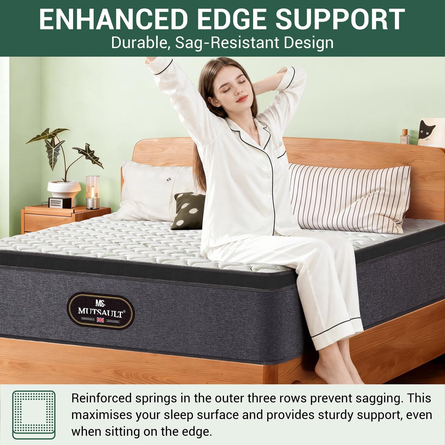 Mutsault Orthopaedic Single Mattress 3FT for Back Pain Relief, Luxe Euro Top Hybrid 7-Zone Pocket Sprung Mattress with Cooling Gel Memory Foam &