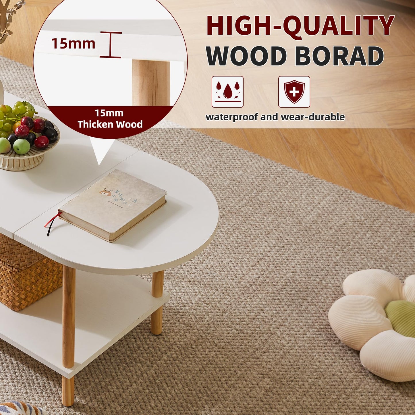 Aibiju Oval Coffee Table White, Small Wooden Coffee Table for Small Space, Splicing Design 35 * 16 * 17in