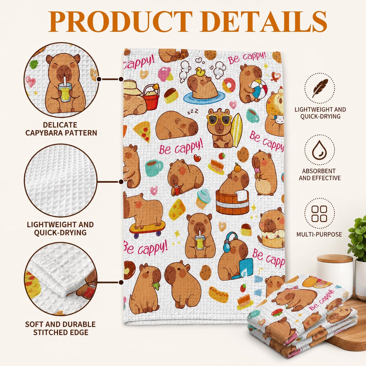 Vexilon 2 Pcs Capybara Kitchen Towels, Soft Absorbent Waffle Dish Cloths