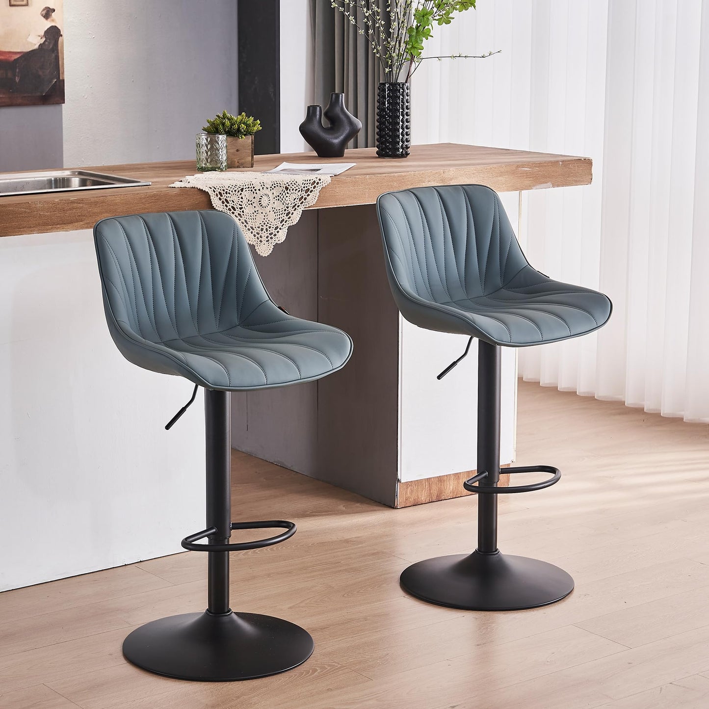 YOUNIKE Bar Stools Set of 2, Swivel Tall Barstools with Back, Adjustable Height Faux Leather Upholstered Modern Counter Height Bar Chairs