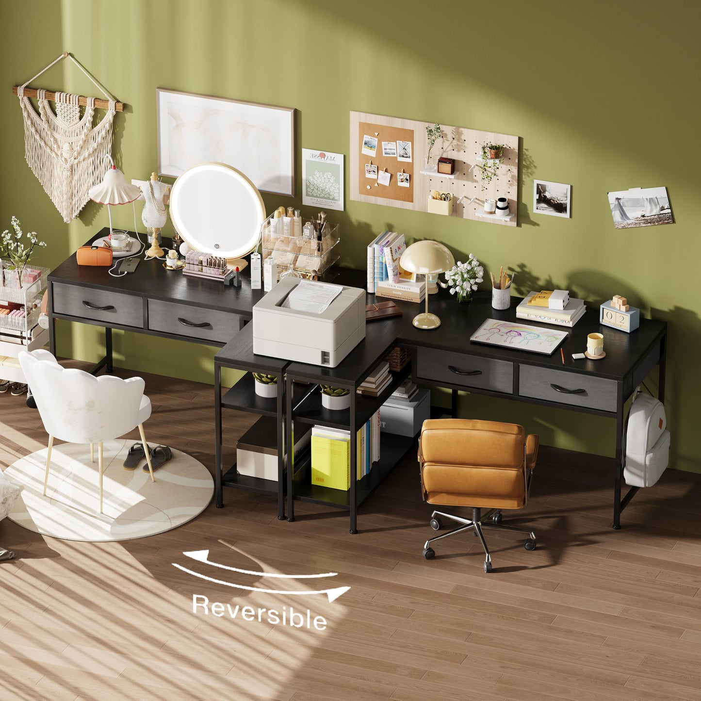 CAIYUN L Shaped Computer Desk with 2 Drawers, 100CM Office Corner Desk with 2 Storage Shelves, Working Table Study Table for Home Office Desk, Black