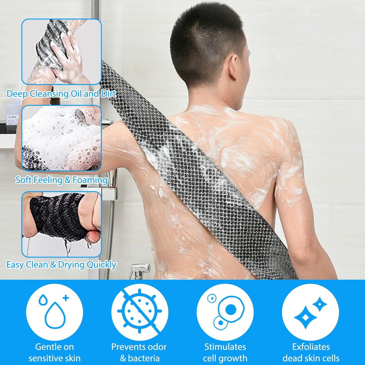 ExcellaElite 3 PCS Japanese Exfoliating Towel Exfoliating Shower Towel Extra Long Cloth for Men and Women Body Cleansing Dead Skin Removal and