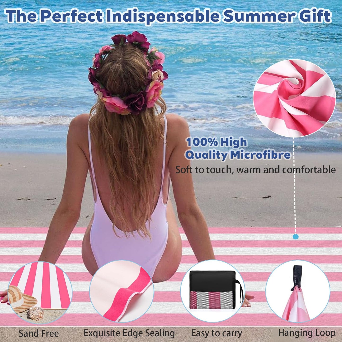 Pink Stripe Large Beach Towel,Microfibre Beach Towel,160x80cm Extra Large Sand Free Beach Towels for Adults,Soft and Lightweight Quick Dry Beach
