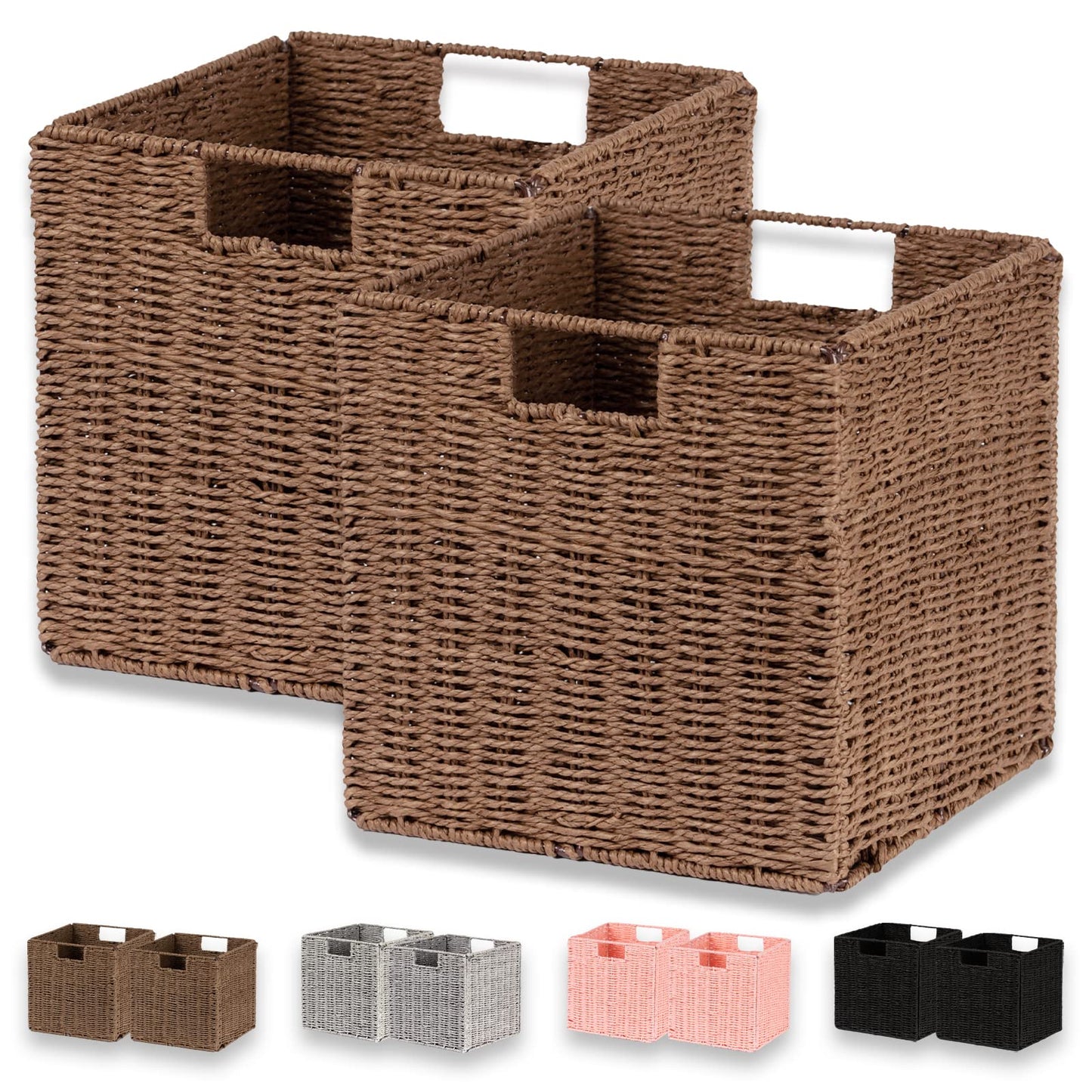 Vagusicc Wicker Baskets, Set of 2 Hand-Woven Paper Rope Foldable Cubby Storage Bins