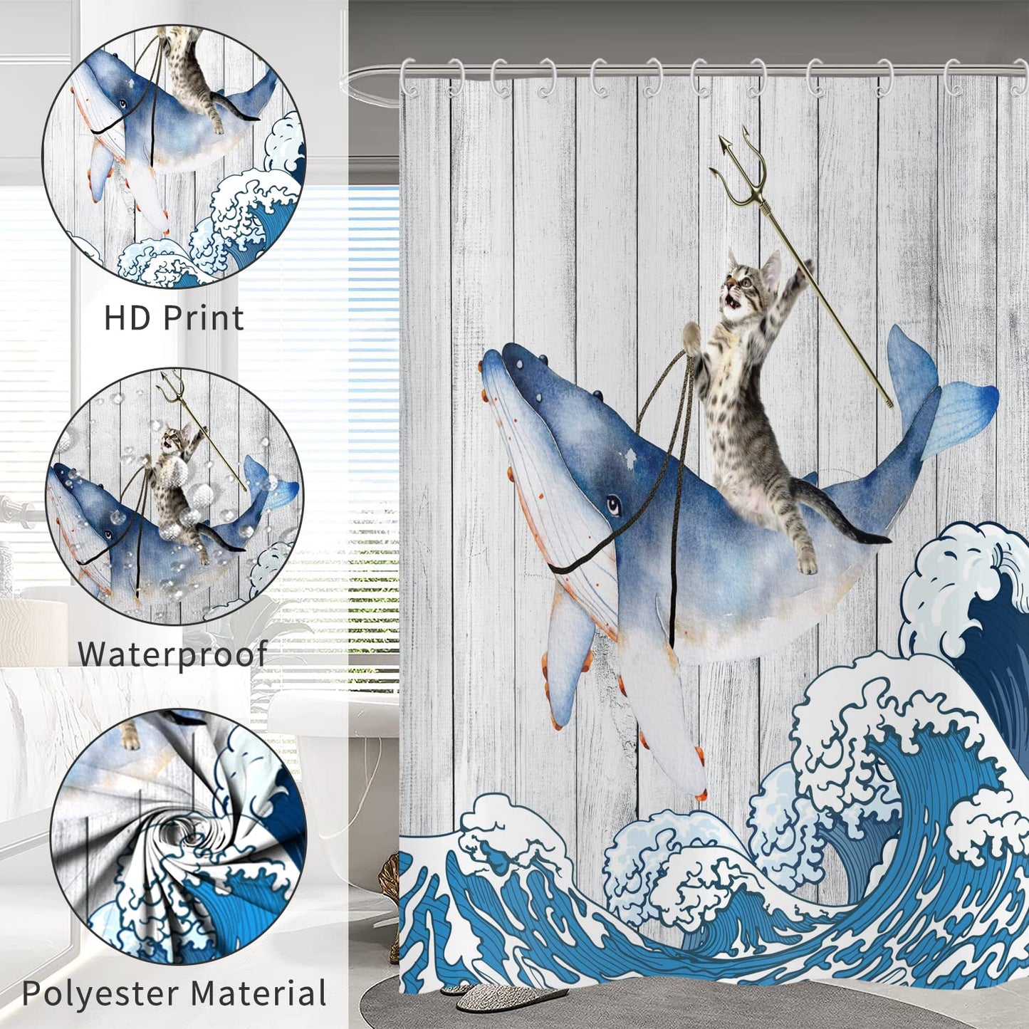 Hnmdmyi Funny Cat Shower Curtain 180x180, Cool Cat Riding Whale with Japan Kanagawa Waves on Rustic Wooden Bathroom Curtains Cute Kids Farmhouse
