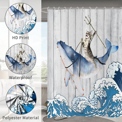 Hnmdmyi Funny Cat Shower Curtain 180x180, Cool Cat Riding Whale with Japan Kanagawa Waves on Rustic Wooden Bathroom Curtains Cute Kids Farmhouse