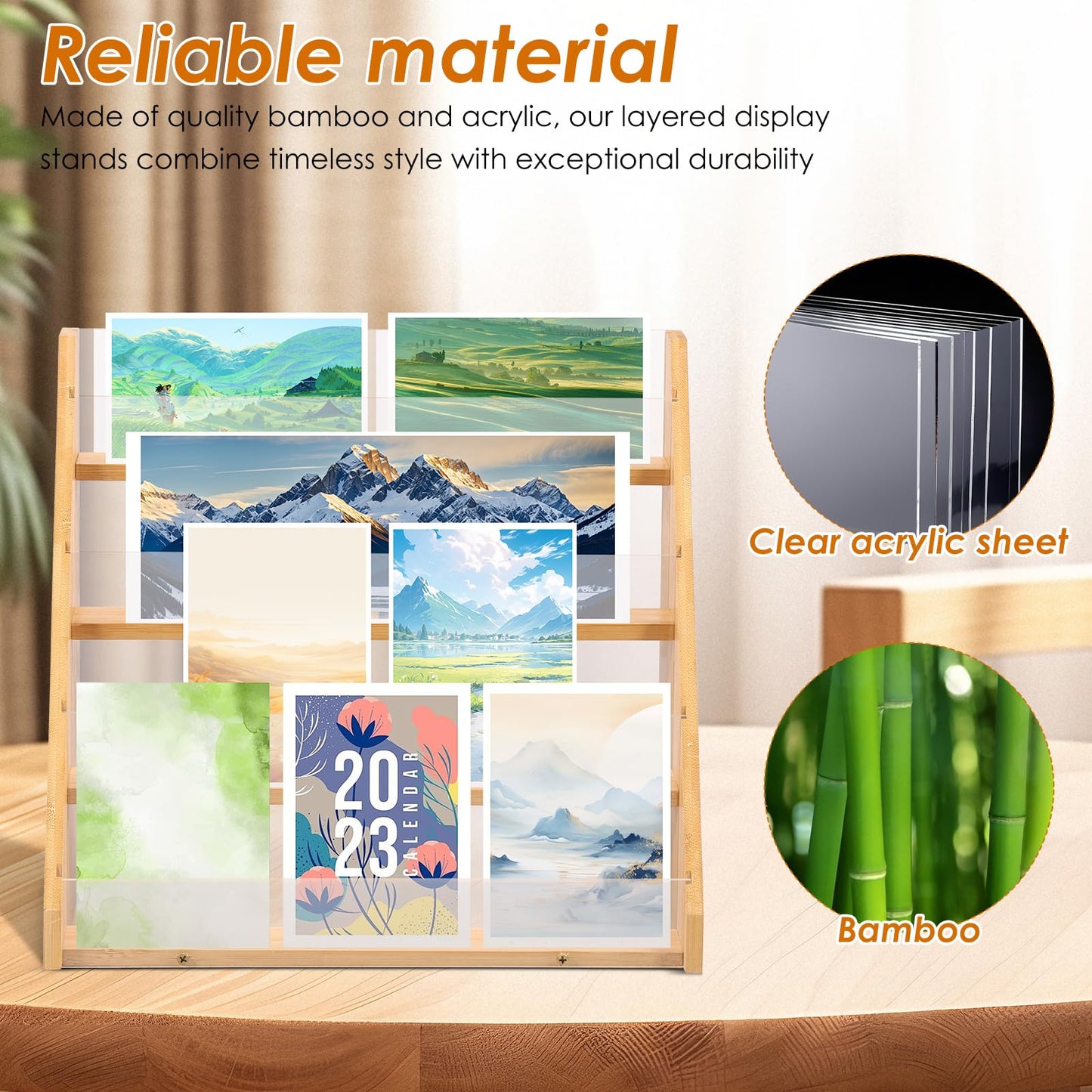 HAIJED Card Display Stand 4 Tier Greeting Card Display Bamboo and Acrylic Card Stand Display Stand for Craft Fairs Multifunctional Card Display Rack