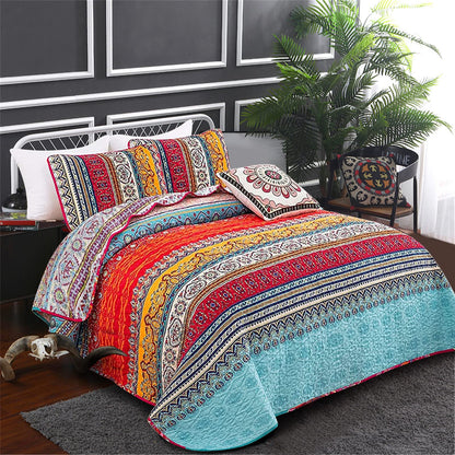 WONGS BEDDING King Size Reversible Bohemian Bedspread with 2 Pillowcases Boho Striped Bedspread Coverlet for All Season Soft Microfiber Quilt