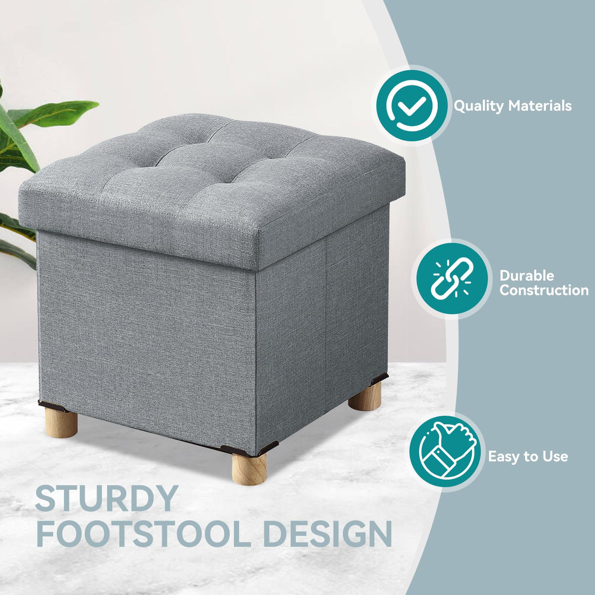 BRIAN & DANY Folding Storage Ottoman with Wood Legs, Linen Foot Stool, Storage Chest with Highly Elastic Sponge Filling, Light Gray, 38 x 38 x 38 cm