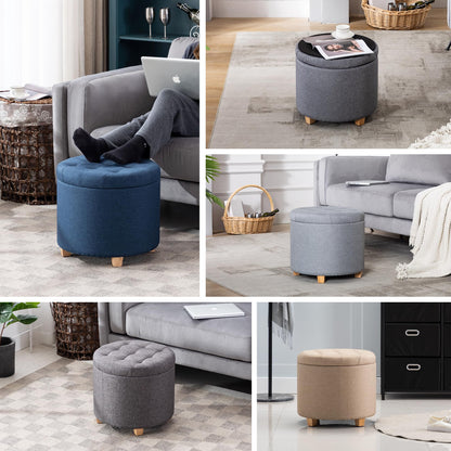 HNNHOME 45cm Round Linen Padded Seat Ottoman Storage Stool Box, Footstool Pouffes Chair with Lids (Pearl River)