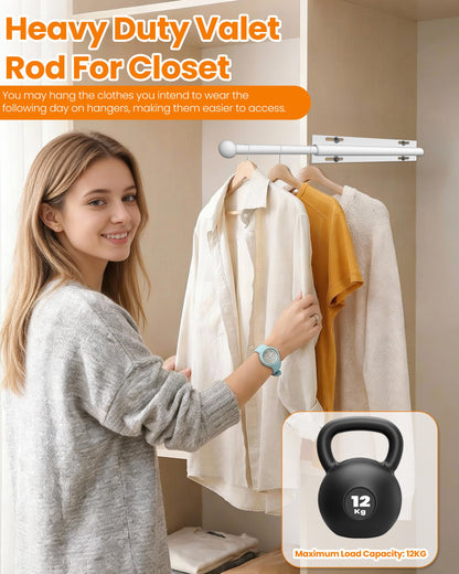 Widyana Telescopic Wardrobe Rail | Extendable Valet Rod for Clothes 12” | Adjustable Pull-Out Hanging Rail for Suits & Next-Day Outfits, White