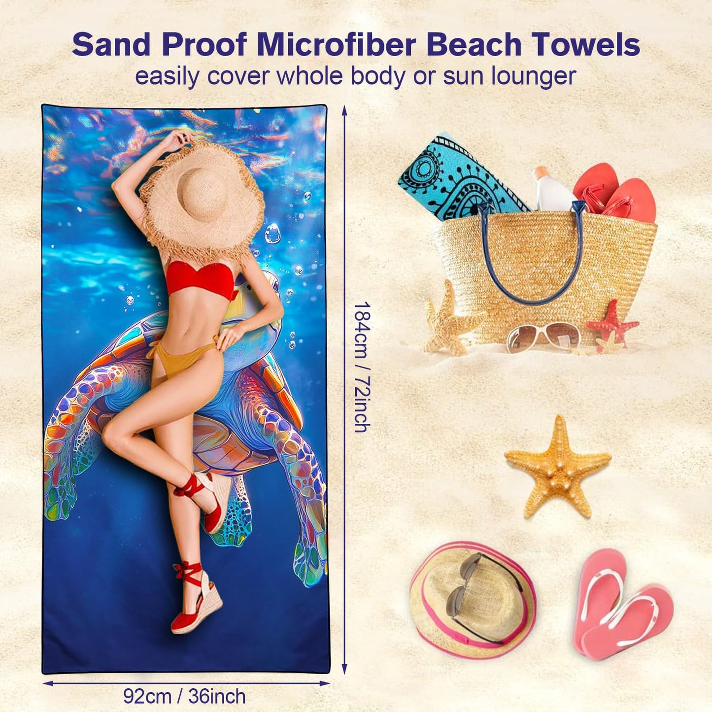 Violetpos Baby Sea Turtle Underwater Beach Towel, Extra Large 180x90 cm 250GSM Microfibre, Sand Free Quick Dry