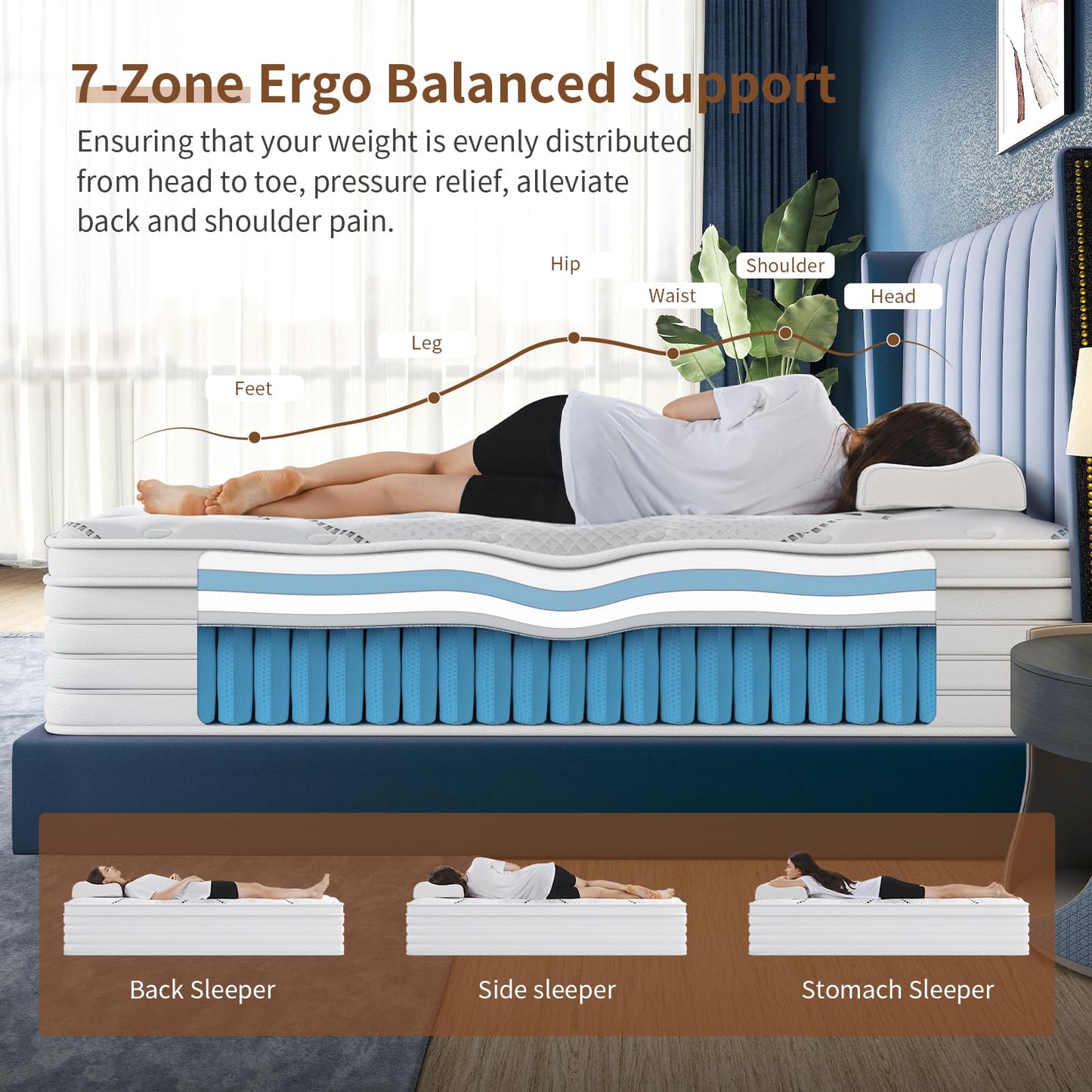 Queblox 5FT King Mattress, 11 Inch 7-Zone Pocket Sprung Mattress