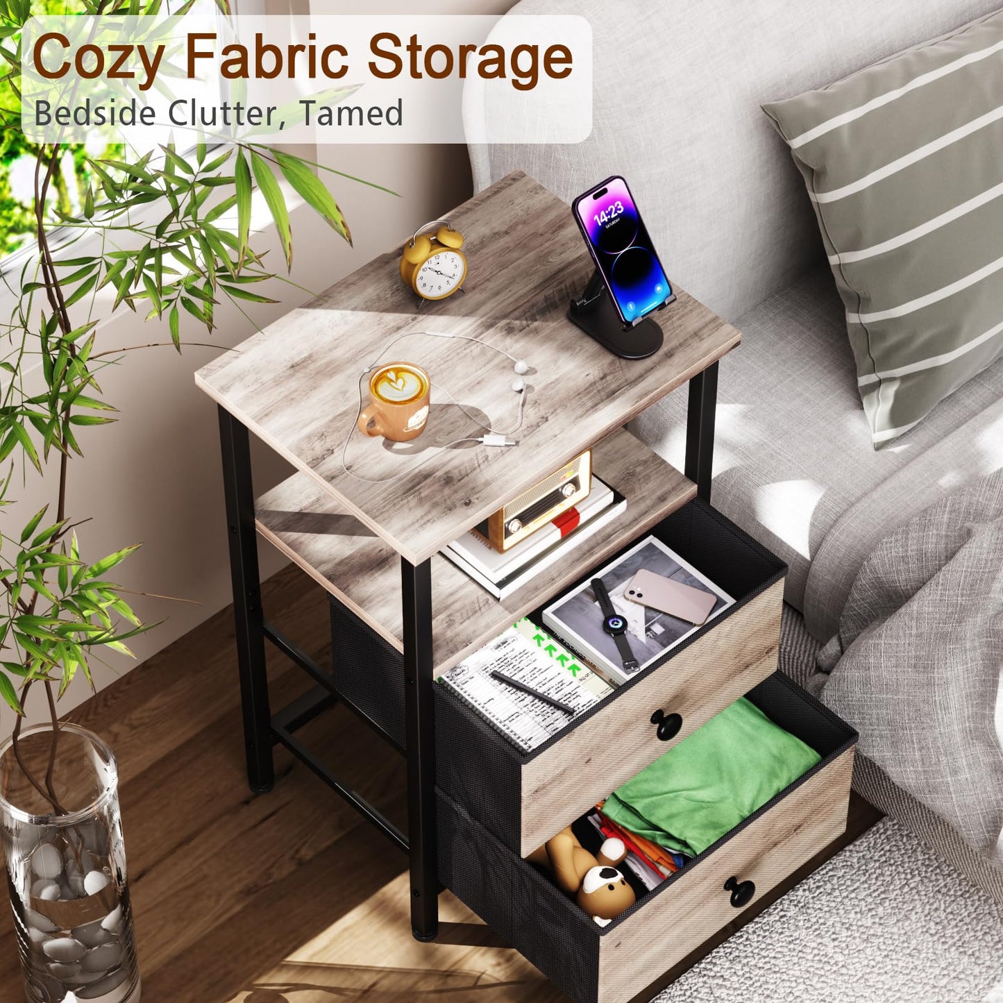 LOAKEKEL Bedside Table, Side Table with 2 Fabric Drawers, Sofa Table