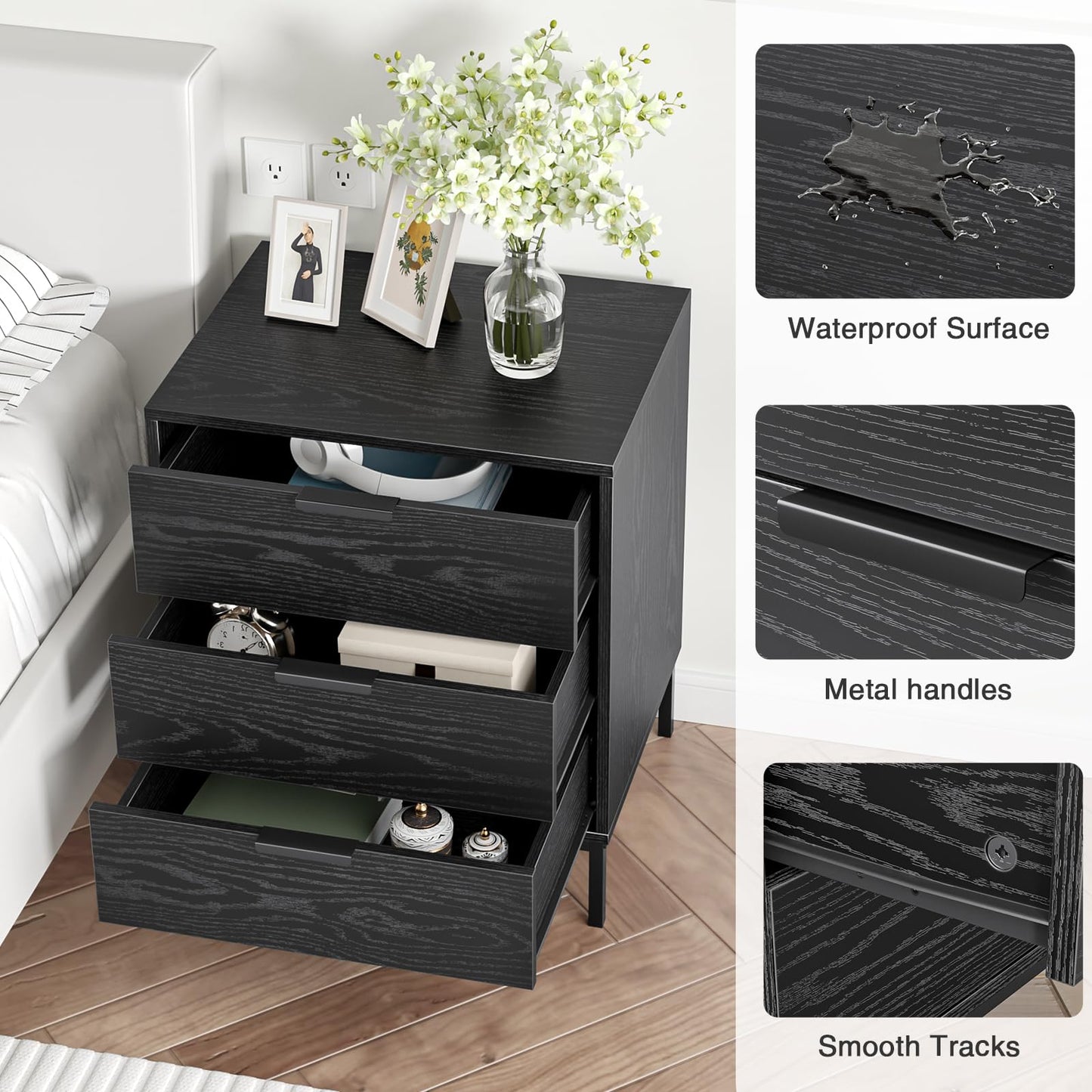 Skokliz Bedside Table with 3 Drawers, Black Nightstand for Bedroom, Wood Modern End Table for Living Room, Small Spaces, 50x40x60cm