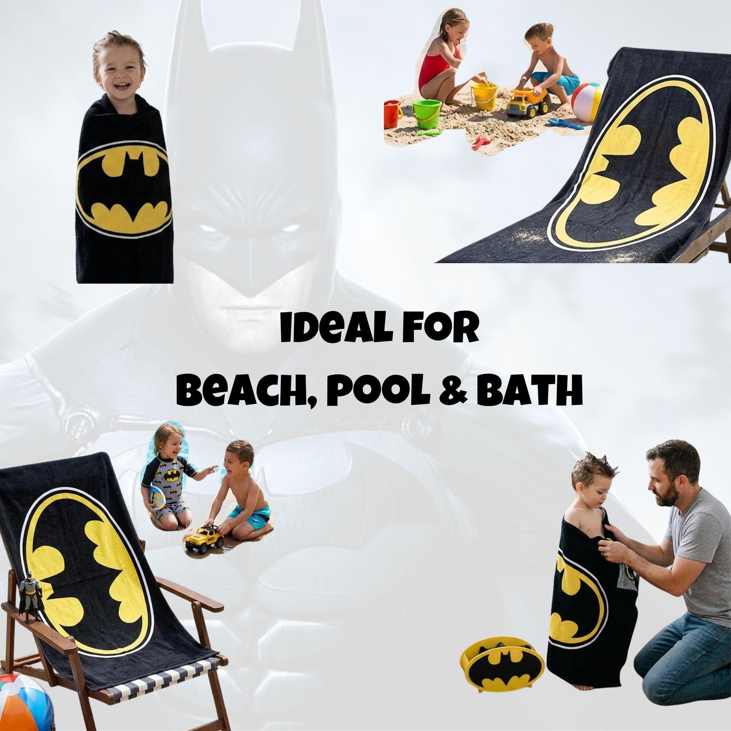 BrandMac Batman Beach and Bath Towel – 100% Cotton, Soft and Absorbent Large Towel 70x140 cm, Ideal for Kids and Adults, Machine Washable
