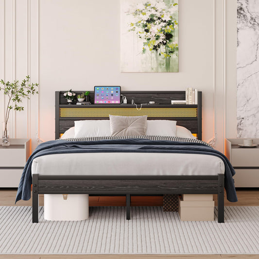 HAHRIR King Bed Frames with Storage Headboard and Charging Station/LED Lights,150x 200cm Heavy Duty Metal Kingsize Bed Frame, Strong Steel Slats