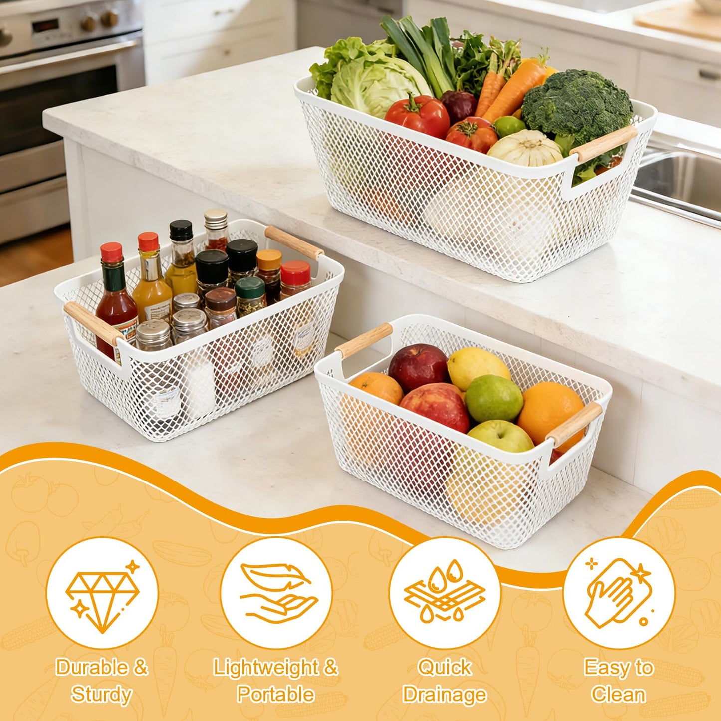 6PCS Plastic Storage Baskets, White Bathroom Storage Boxes with Wood Handle