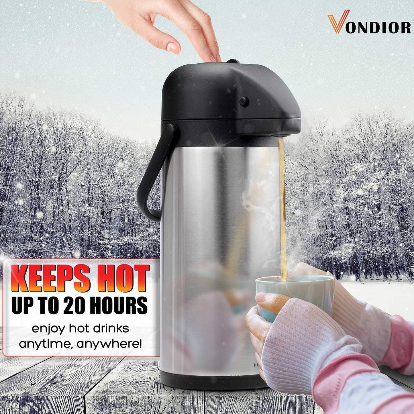 Vondior Insulated Coffee Carafe Jugs with Pump 2.5L, Thermal Coffee Pot Stainless Steel, Teapot Vacuum Jug for Hot/Cold Water, Party Chocolate Drinks