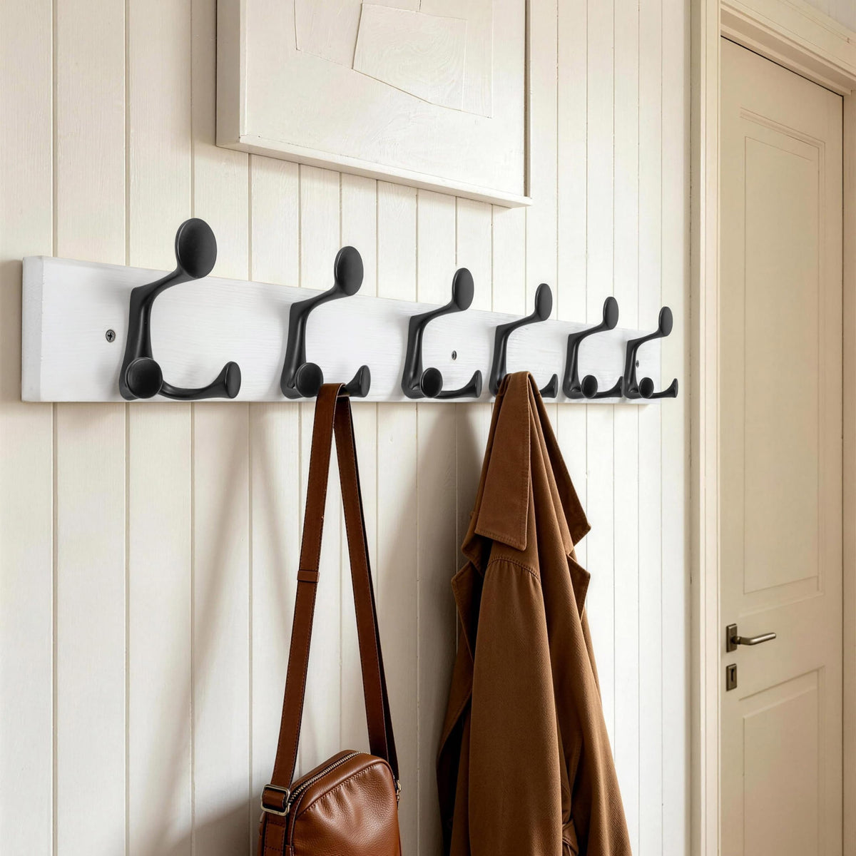 HONSKY Wall Mounted Coat Rack, 91cm White Pine Wood Base, 6 Black Sturdy Aluminium Alloy Triple Hooks18 Hanging Points