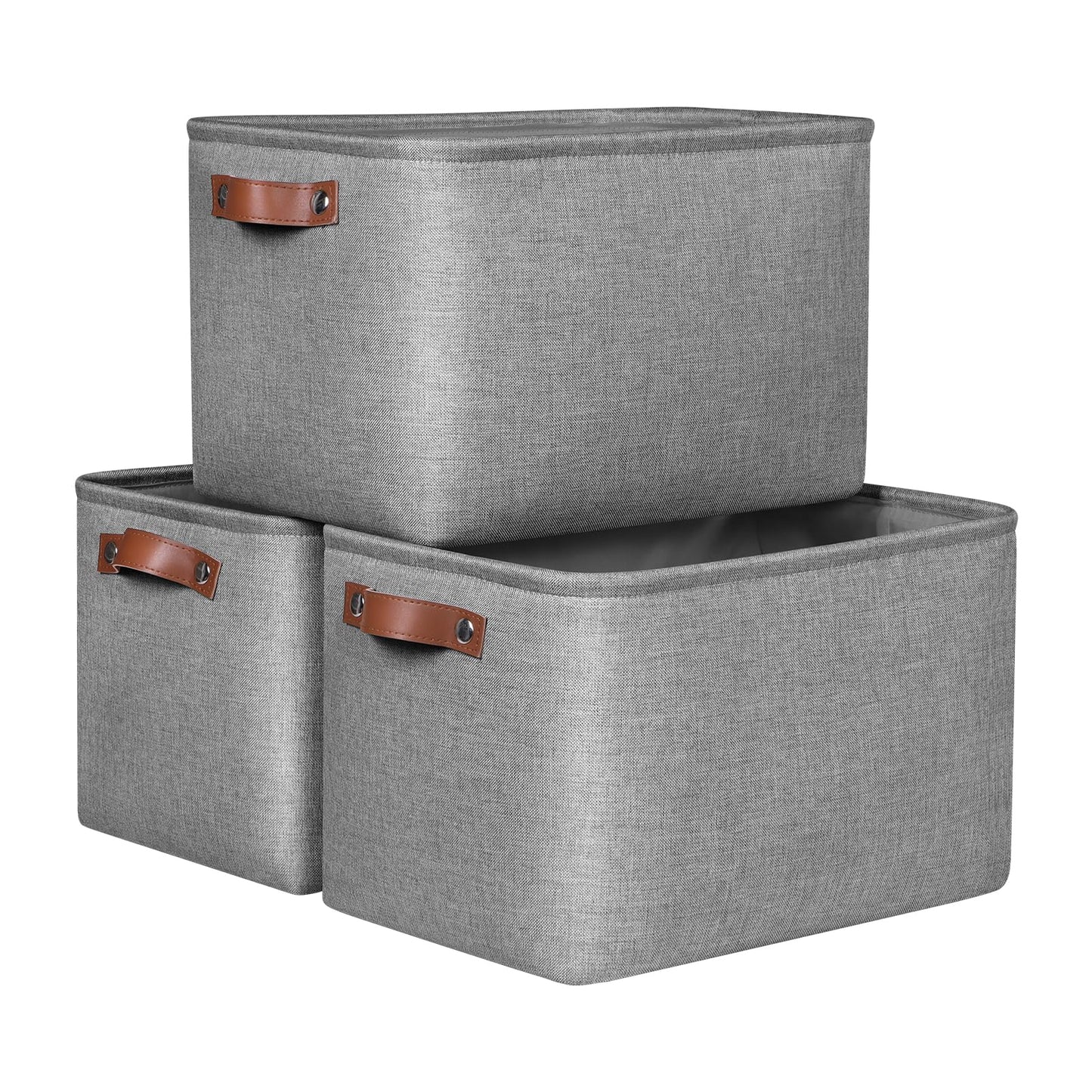 Syeeiex Large Storage Baskets for Shelves with Leather Handle, Foldable 3 Pack Fabric Stoarge baskets for Organizing Home, Toys, Office, Clothes, Grey
