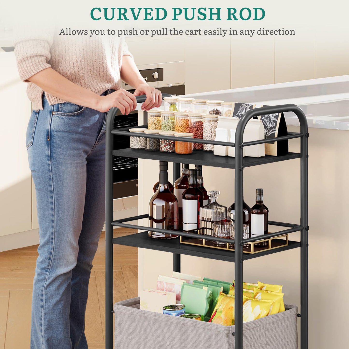 YITAHOME metal storage trolley on wheels, 3 Tier kitchen trolley, storage cart with Woven Basket, Lockable Wheels, Handle, book cart for office