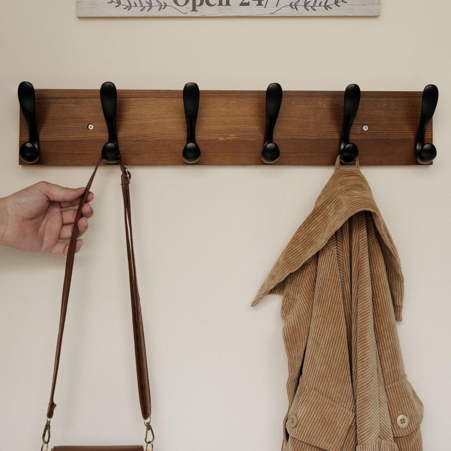 HONSKY Coat Rack Wall Mounted,61cm Long,Brown Wooden Base, 6 Double Hooks,Large Wall Coat Rack,Coat Hanger Wall Mounted,Wooden Coat Rack,Brown/Black
