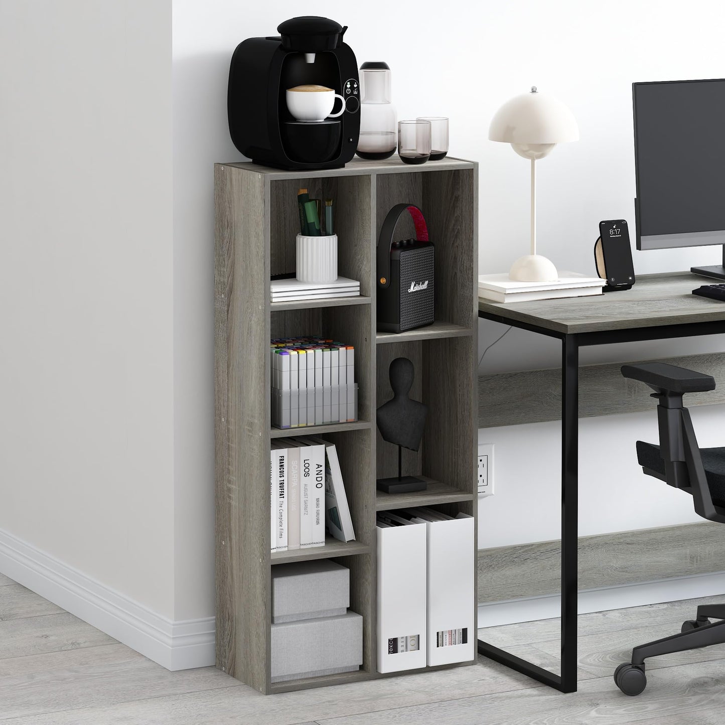 Furinno LUDER Book Shelf, 7-Cube Bookshelf, Bookcase, 9.4 x 19.5 x 41.7, for Living Room, Bedroom, Home Office, French Oak