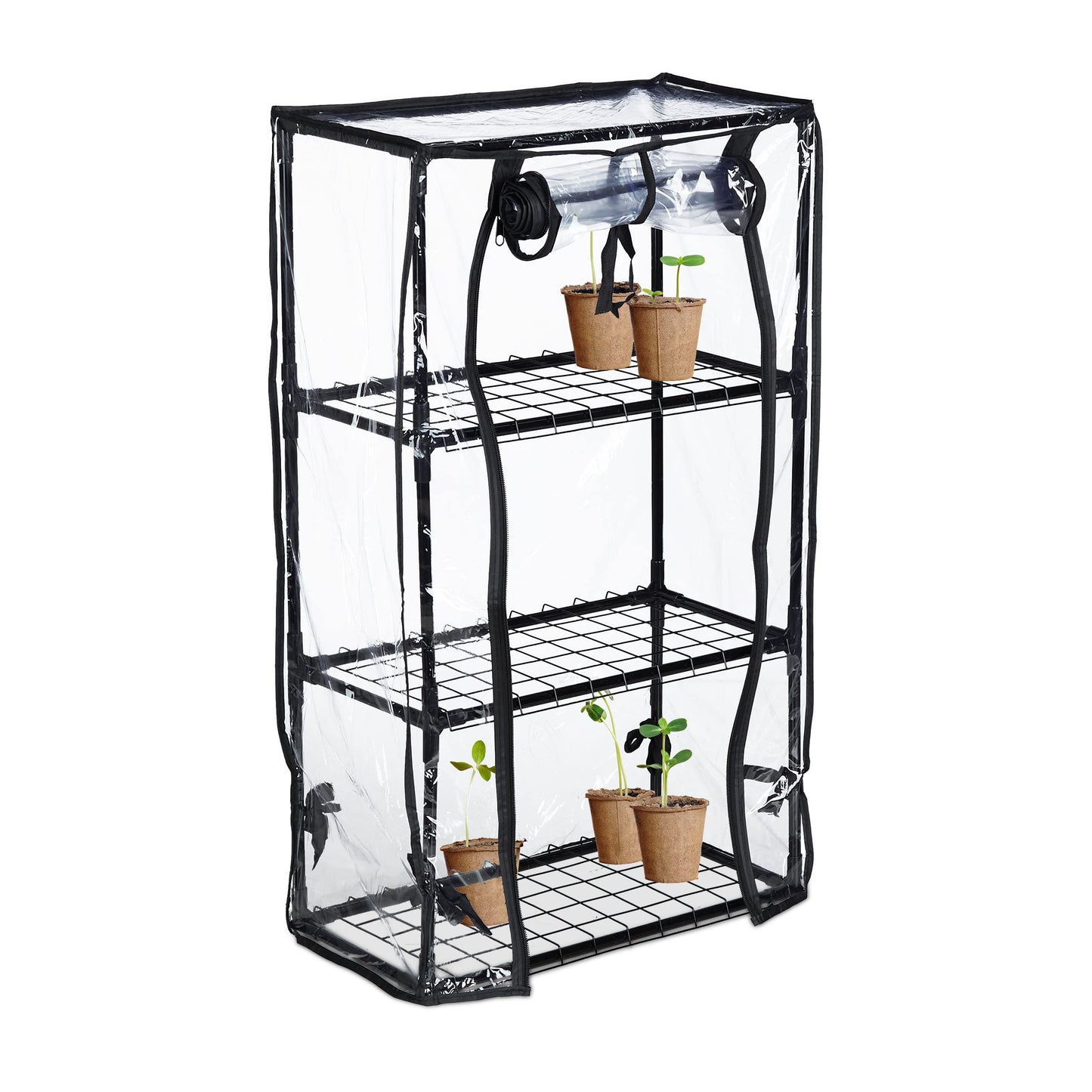 Relaxdays Greenhouse For Balcony, PVC Film , Steel, HxWxD: 126 x 59 x 37 cm, Propagator 3 Levels, Black/Transparent