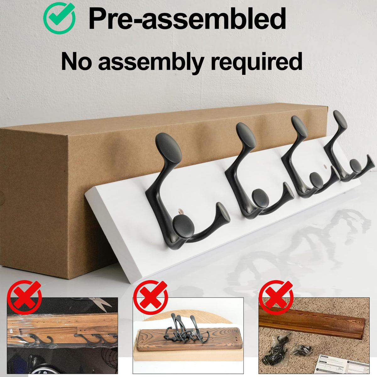 HONSKY Wall Mounted Coat Rack, 61cm White Pine Wood Base, 4 Black Sturdy Aluminium Alloy Triple Hooks12 Hanging Points