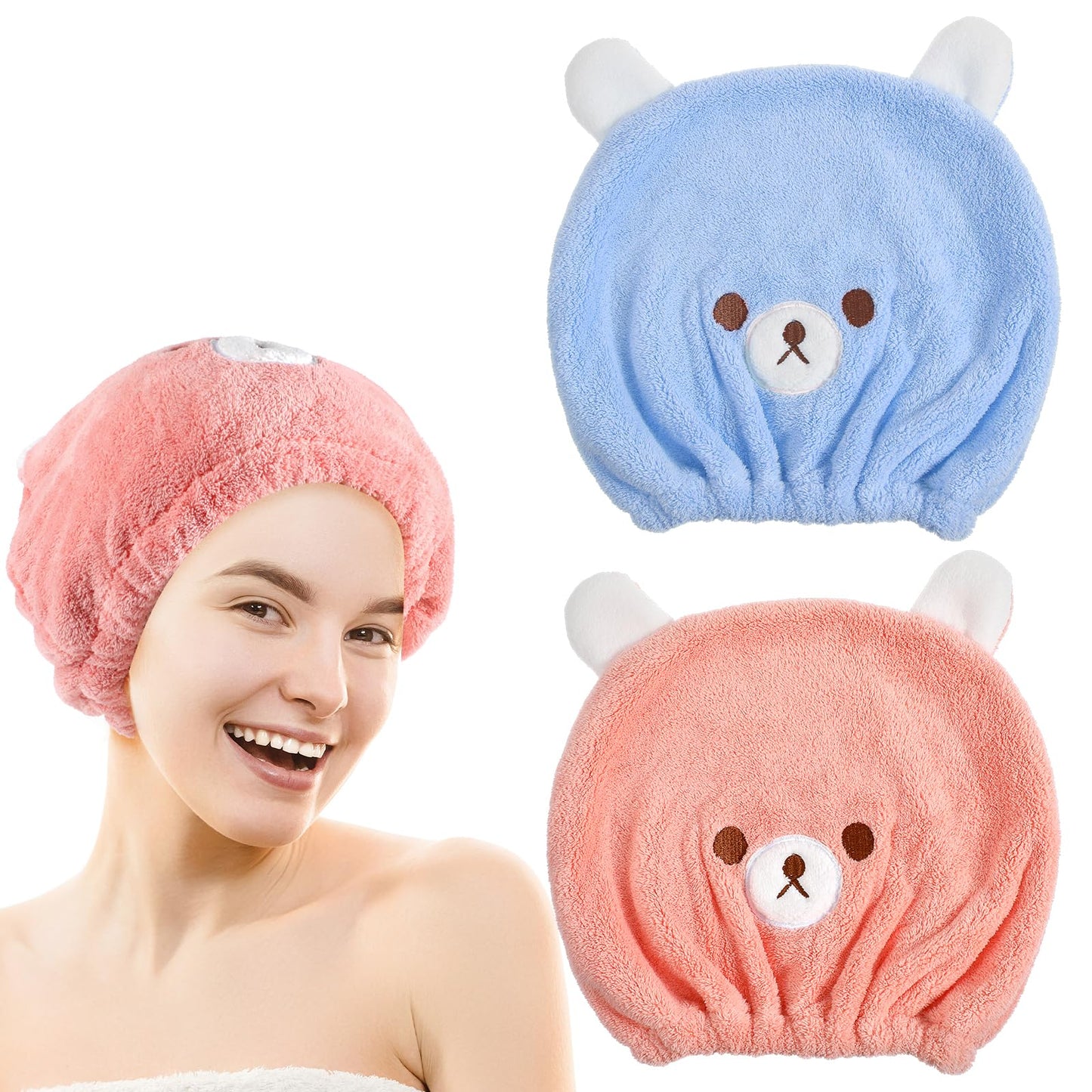 Gjinxi 2 Packs Hair Towel Wrap for Kid, Soft Hair Wrap Towels, Rapid Drying Towel Cute Bear Hair Turban Towel Absorbent Hair Drying Towel Wrap for