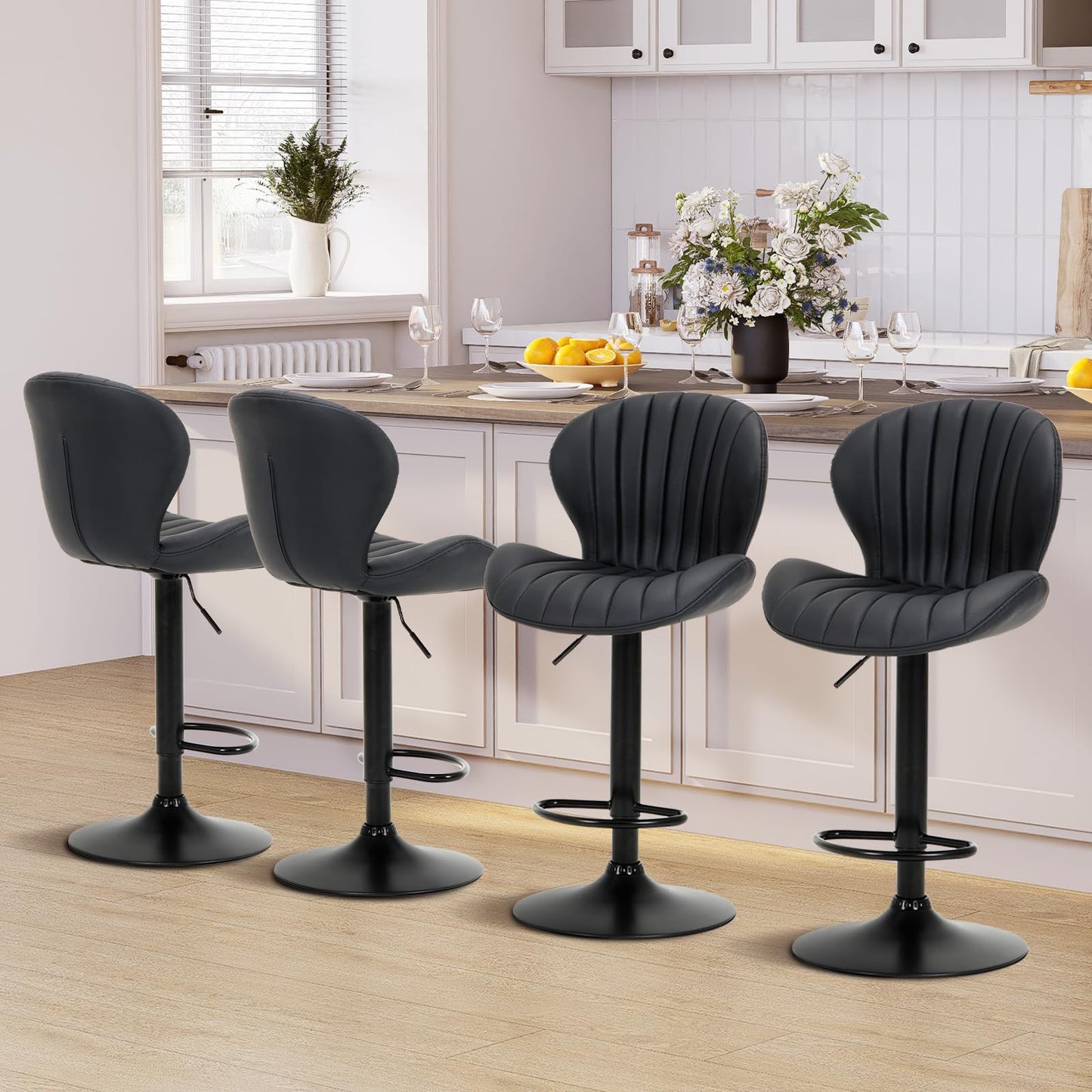 COLAMY Breakfast Bar Stools Set of 4, Modern Swivel Kitchen Bar Chairs, Adjustable PU Leather Upholstered Barstools Counter Height with High Backrest