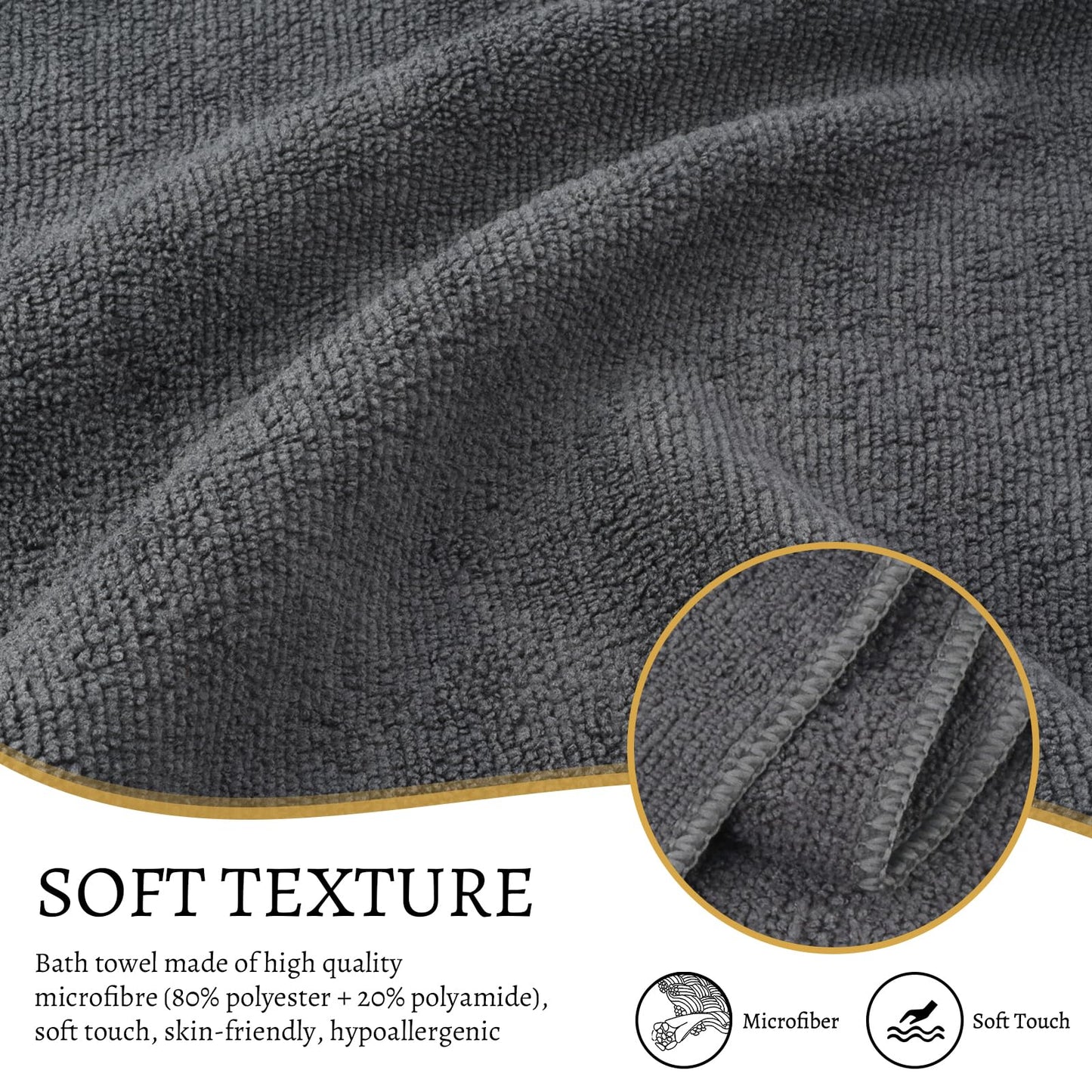 VIVOTE Microfibre Bath Towel Lightweight Body Towels 76×152cm Grey 1 Piece