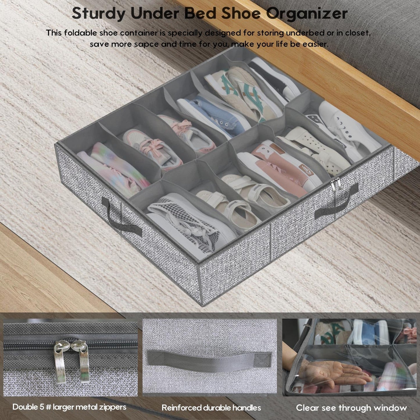 Onlyeasy - MXDUBS16P2 Shoe Storage Box with Handles and Clear Window, 16+16 Pairs, Heavy Duty Shoe Storage Box for Kids and Adults, 96 x 60 x 15 cm