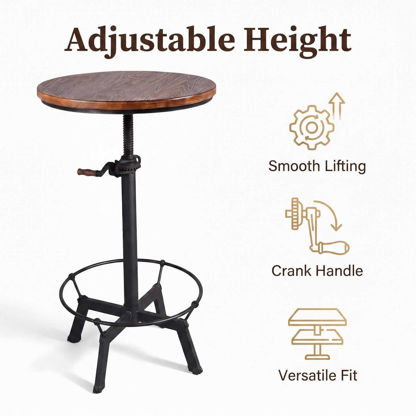 BOKKOLIK Industrial Bar Table 33.47-39.37inch Height Adjustable Swivel Wooden Top Vintage Breakfast Dining Table Farmhouse Cocktail Bistro Pub Table