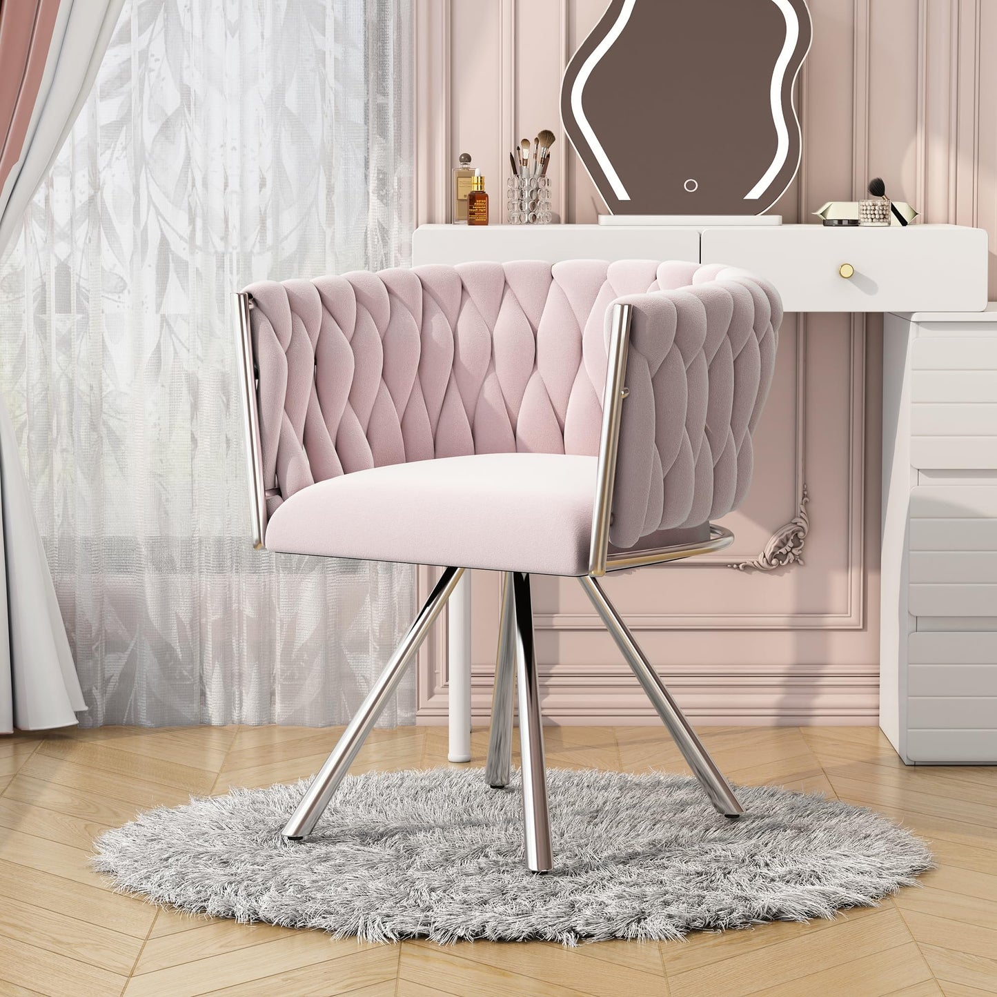 Ball & Cast 360° Swivel Dining Chair, Velvet Upholstered Desk Chairs without Wheels Ergonomic Office Chair with Arms and Metal Legs for Home Study