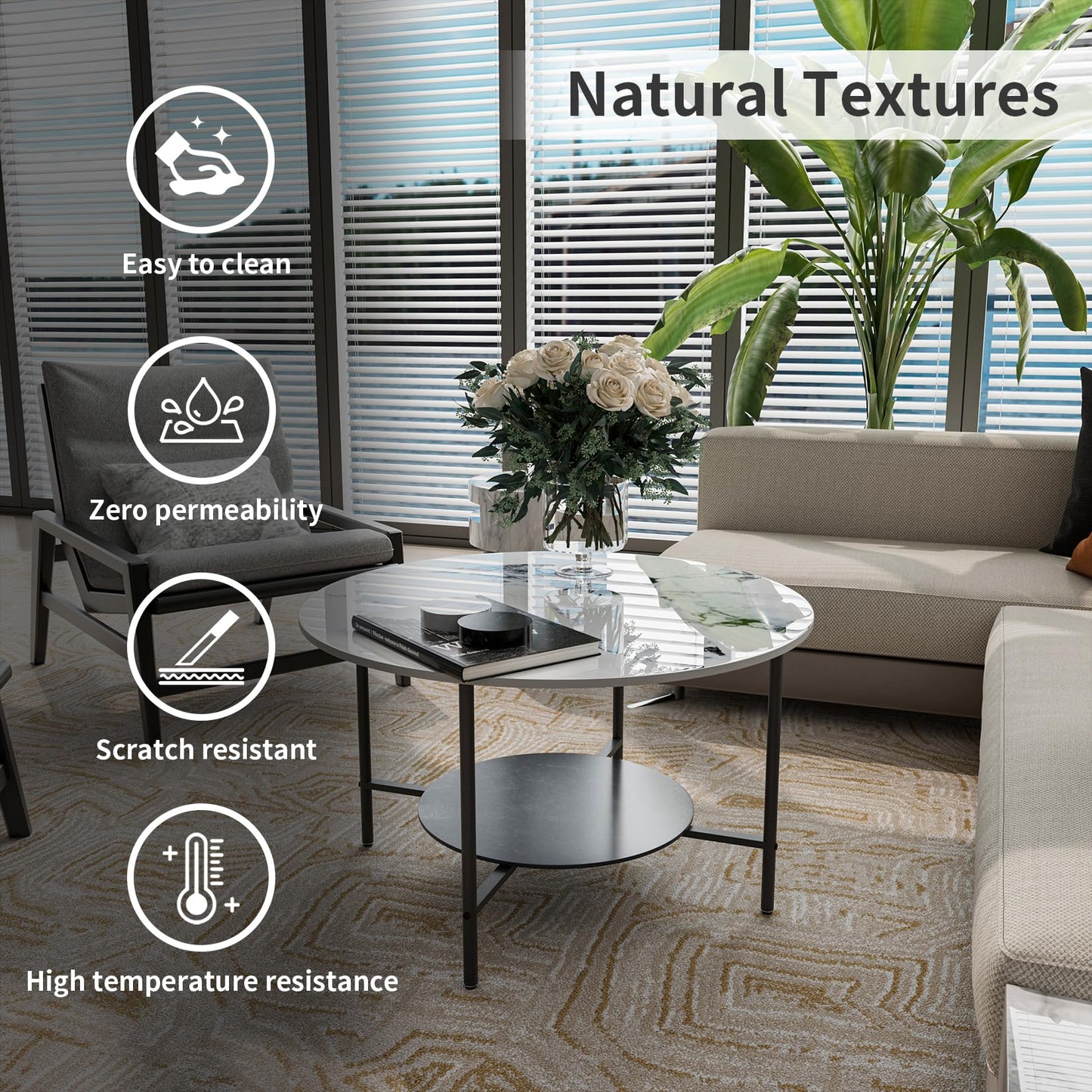 Round Coffee Tables Sintered Stone: 2-Tier Circle Coffee Tables 80 cm White Black Textured Marble Table Top with Sturdy Aluminum Frame Couch Center