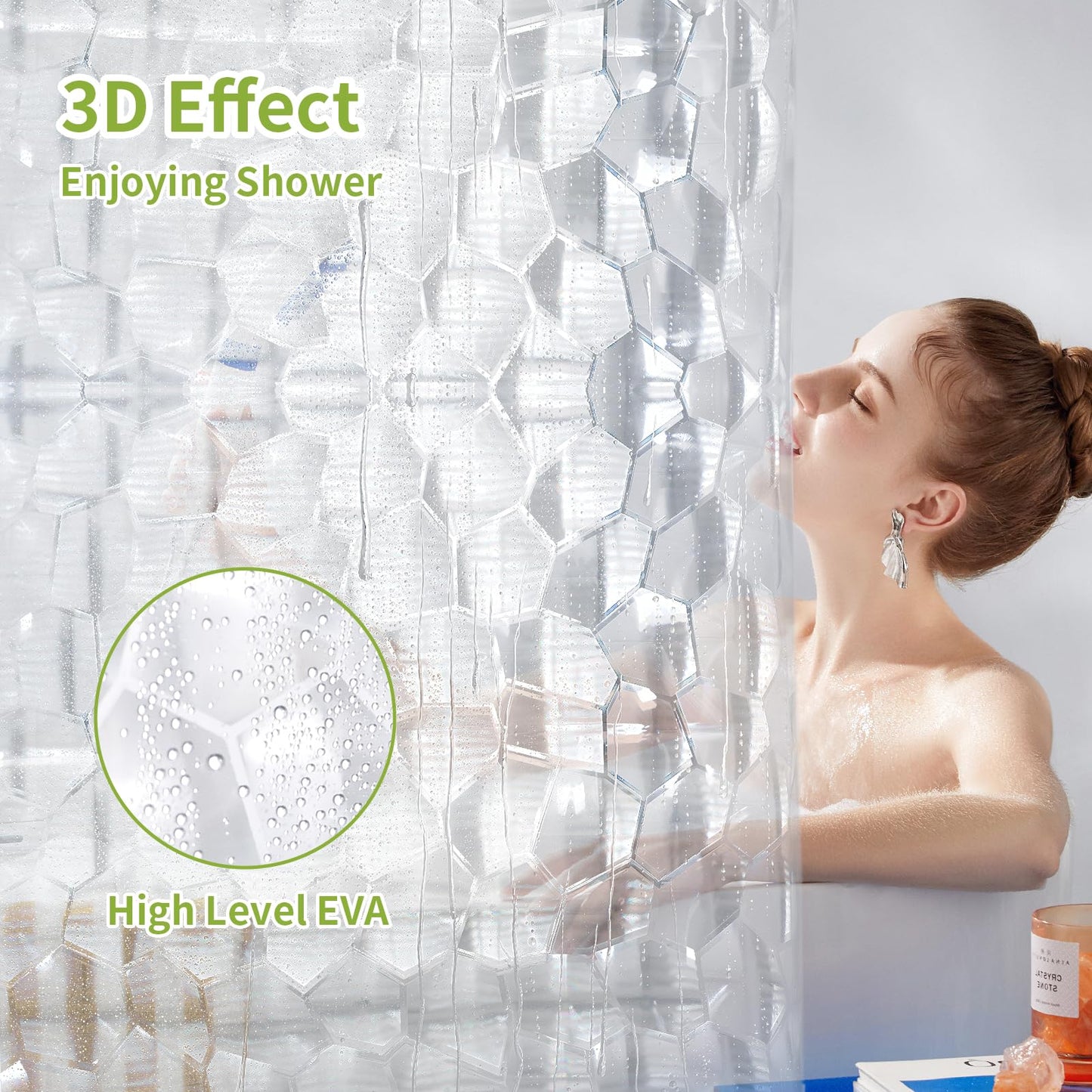 OTraki Shower Curtain 72 x 78 Inch Semi Transparent 3D Water Cube Design Bath Curtain EVA Waterproof and Mould Proof Resistant Washable Thicken
